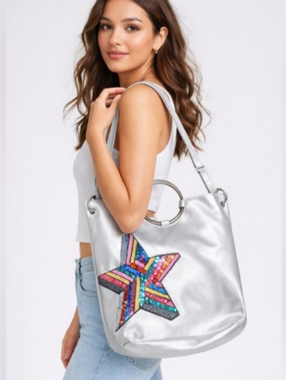 Metallic Star Tote Bag Silver